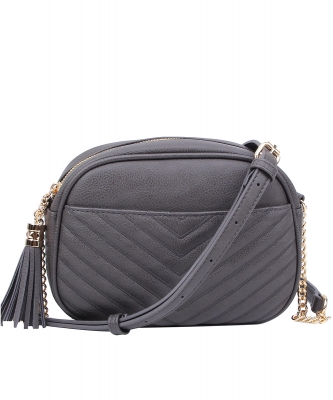Chevron Quilted Tassel Zip Crossbody Bag WU120 CHARCOAL GRAY